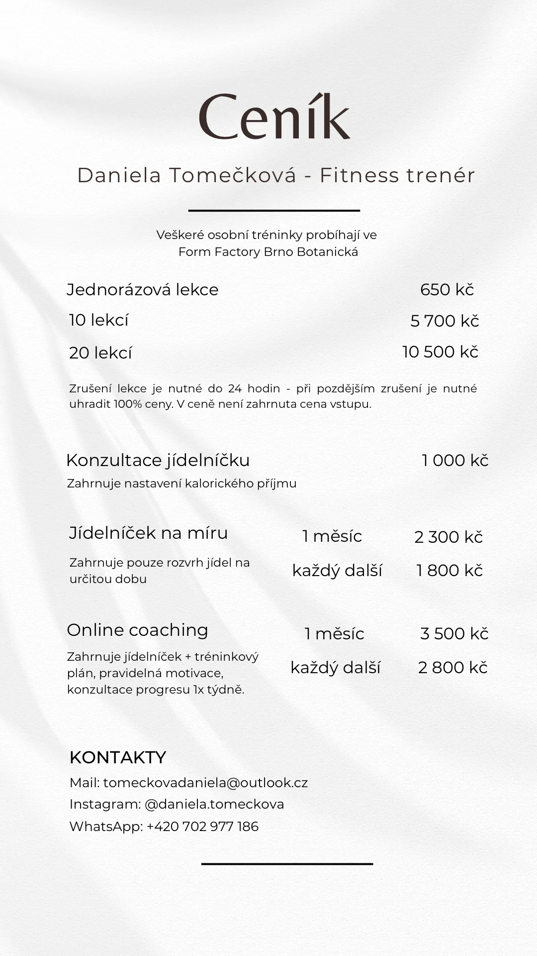 Kompletní ceník Daniely Tomečkové